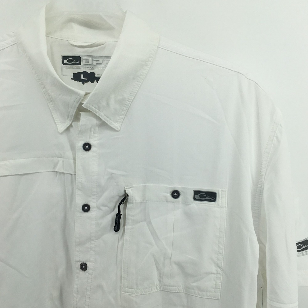 Drake Waterfowl DPF Fishing Shirt Mens Large White Short Sleeve Vented Button Up